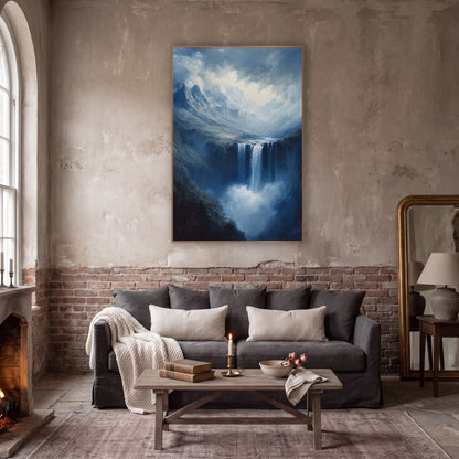 Misty Mountain Waterfall Romantic Landscape wall art in a moody dark academia room – romantic landscape of a waterfall