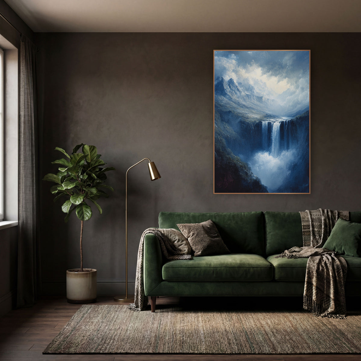 Misty Mountain Waterfall Romantic Landscape wall art in a moody dark academia room – romantic landscape of a waterfall