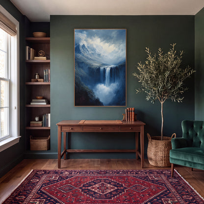 Misty Mountain Waterfall Romantic Landscape wall art in a moody dark academia room – romantic landscape of a waterfall