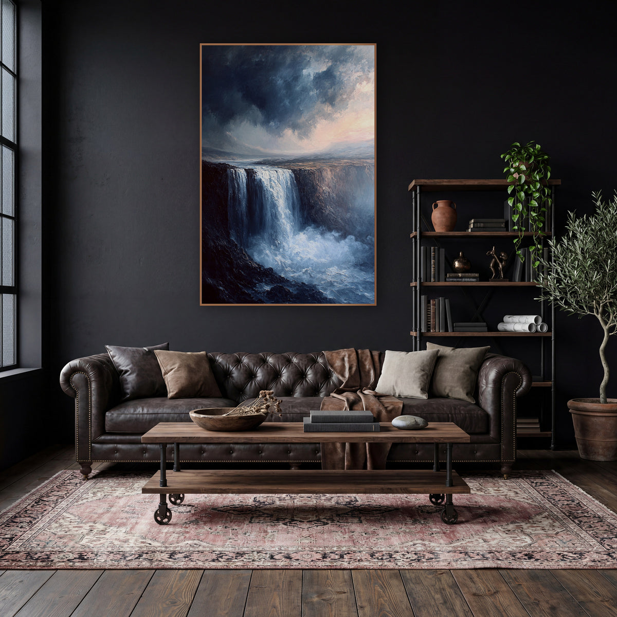 Misty Cliff Waterfall Romantic Landscape wall art in a moody dark academia room – wide waterfall dropping over a dark