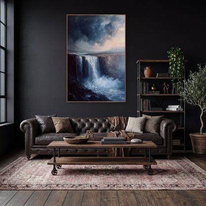 Misty Cliff Waterfall Romantic Landscape wall art in a moody dark academia room – wide waterfall dropping over a dark
