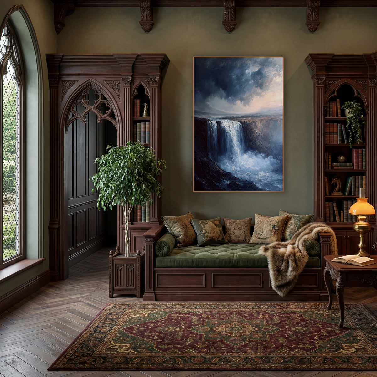 Misty Cliff Waterfall Romantic Landscape wall art in a moody dark academia room – wide waterfall dropping over a dark