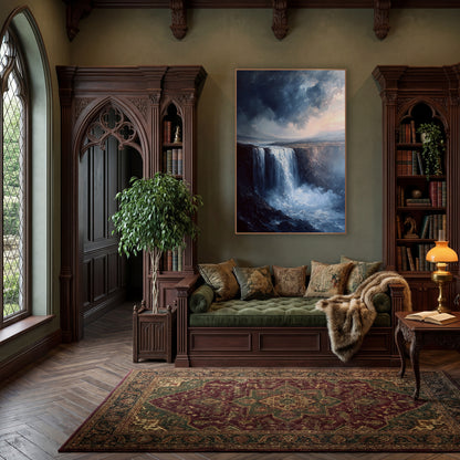 Misty Cliff Waterfall Romantic Landscape wall art in a moody dark academia room – wide waterfall dropping over a dark