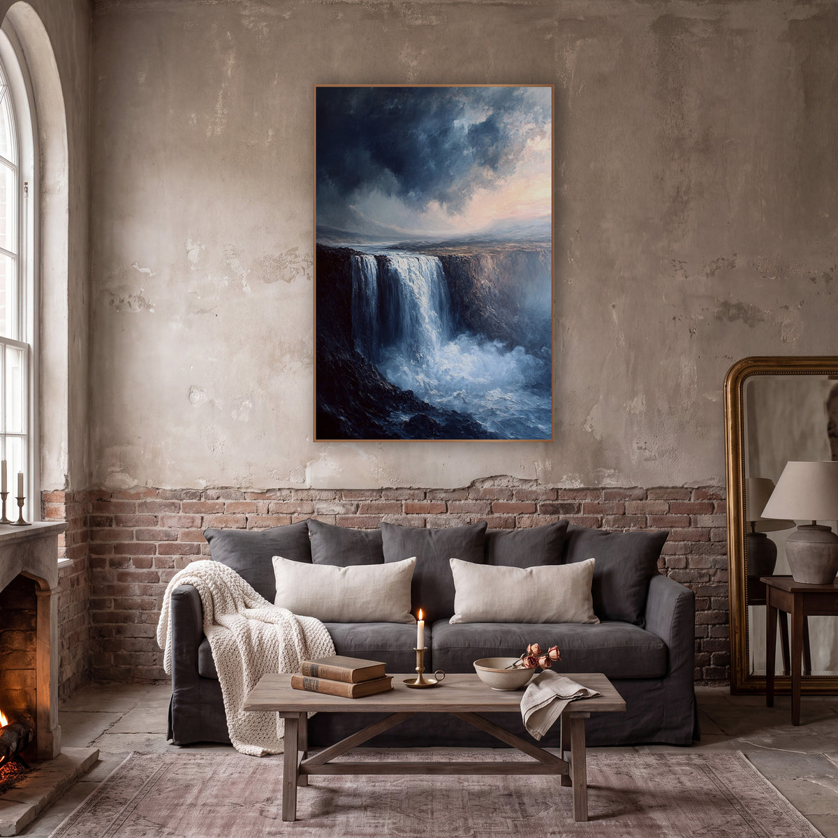Misty Cliff Waterfall Romantic Landscape wall art in a moody dark academia room – wide waterfall dropping over a dark