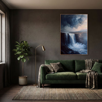 Misty Cliff Waterfall Romantic Landscape wall art in a moody dark academia room – wide waterfall dropping over a dark