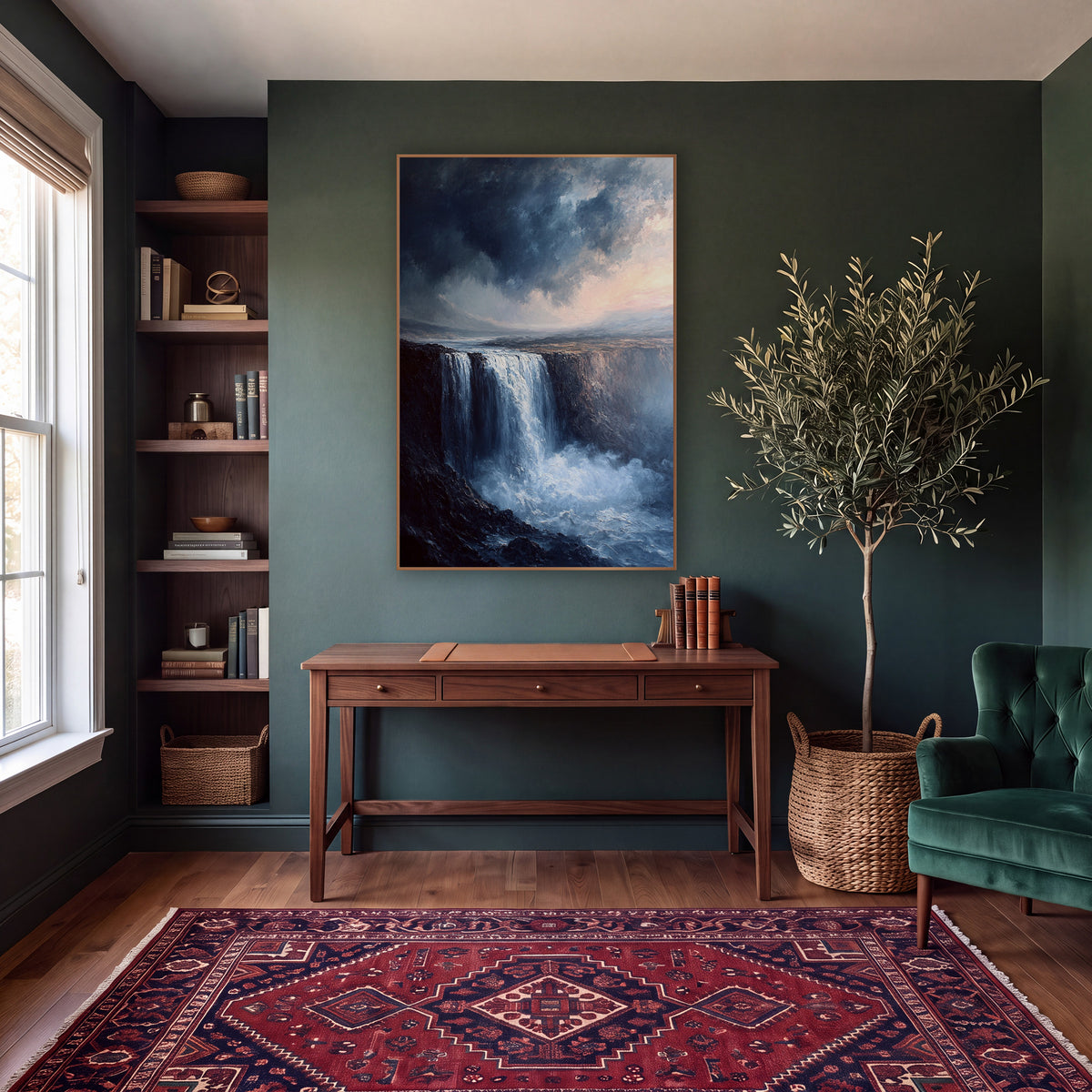 Misty Cliff Waterfall Romantic Landscape wall art in a moody dark academia room – wide waterfall dropping over a dark