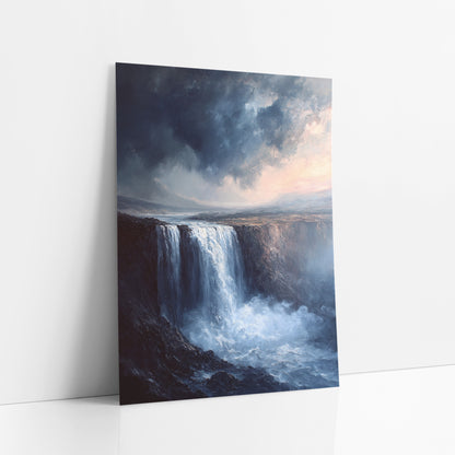 Misty Cliff Waterfall Romantic Landscape art print leaning against a white wall – wide waterfall dropping over a dark cliff