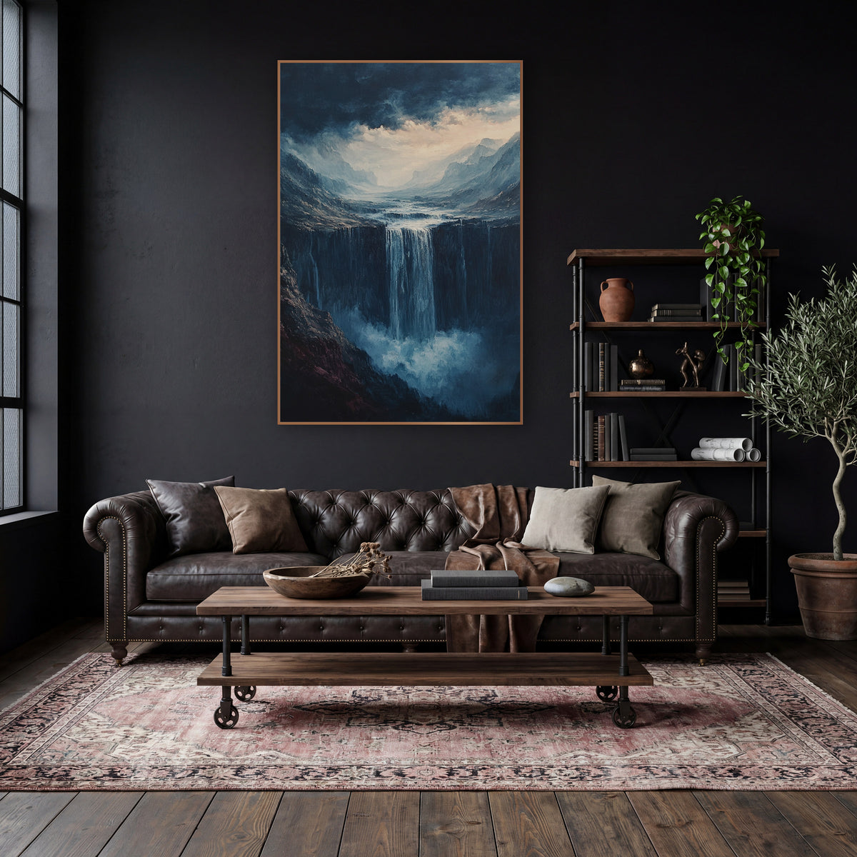 Stormlit Canyon Cascade Moody Landscape wall art in a moody dark academia room – waterfall plunging off a dark cliff