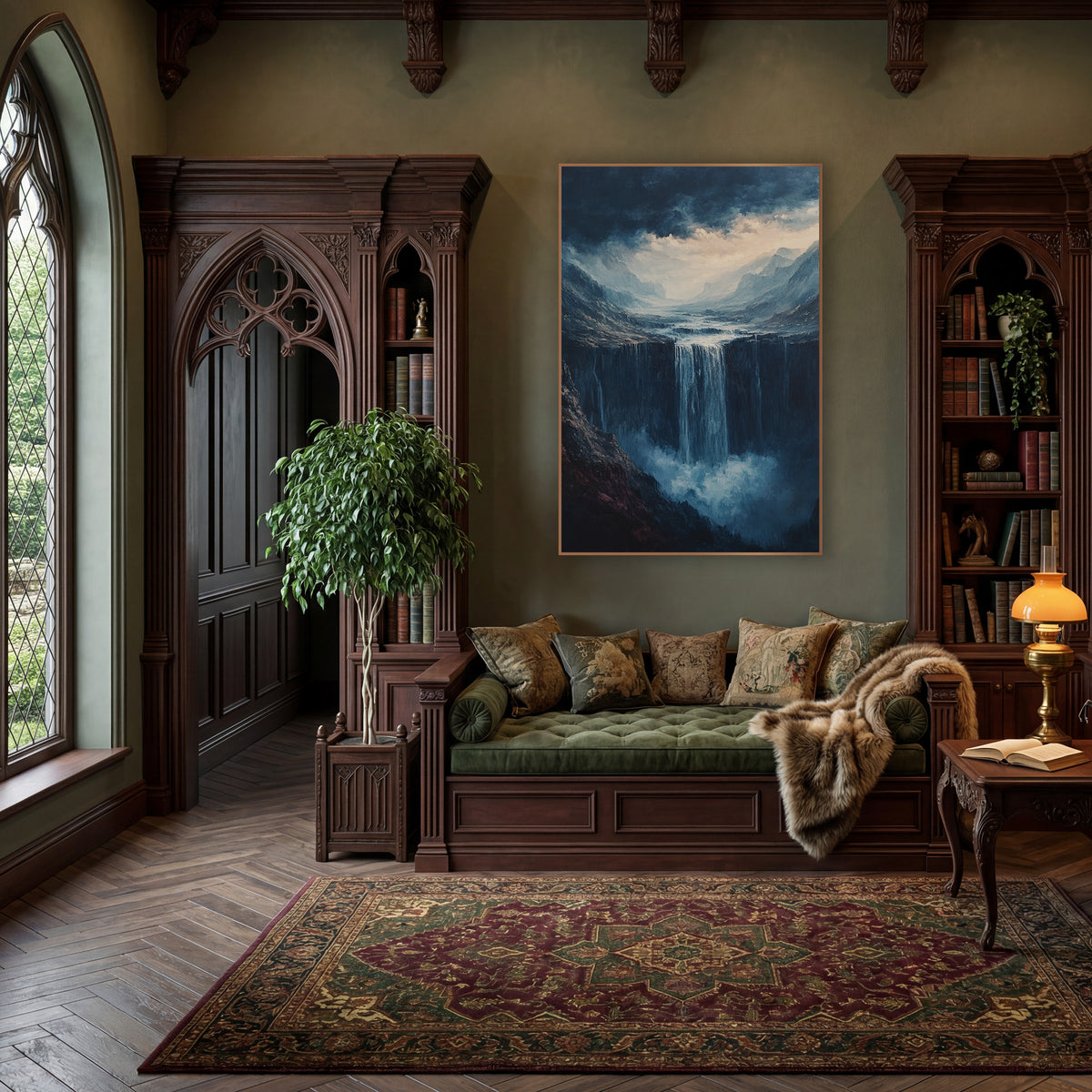 Stormlit Canyon Cascade Moody Landscape wall art in a moody dark academia room – waterfall plunging off a dark cliff