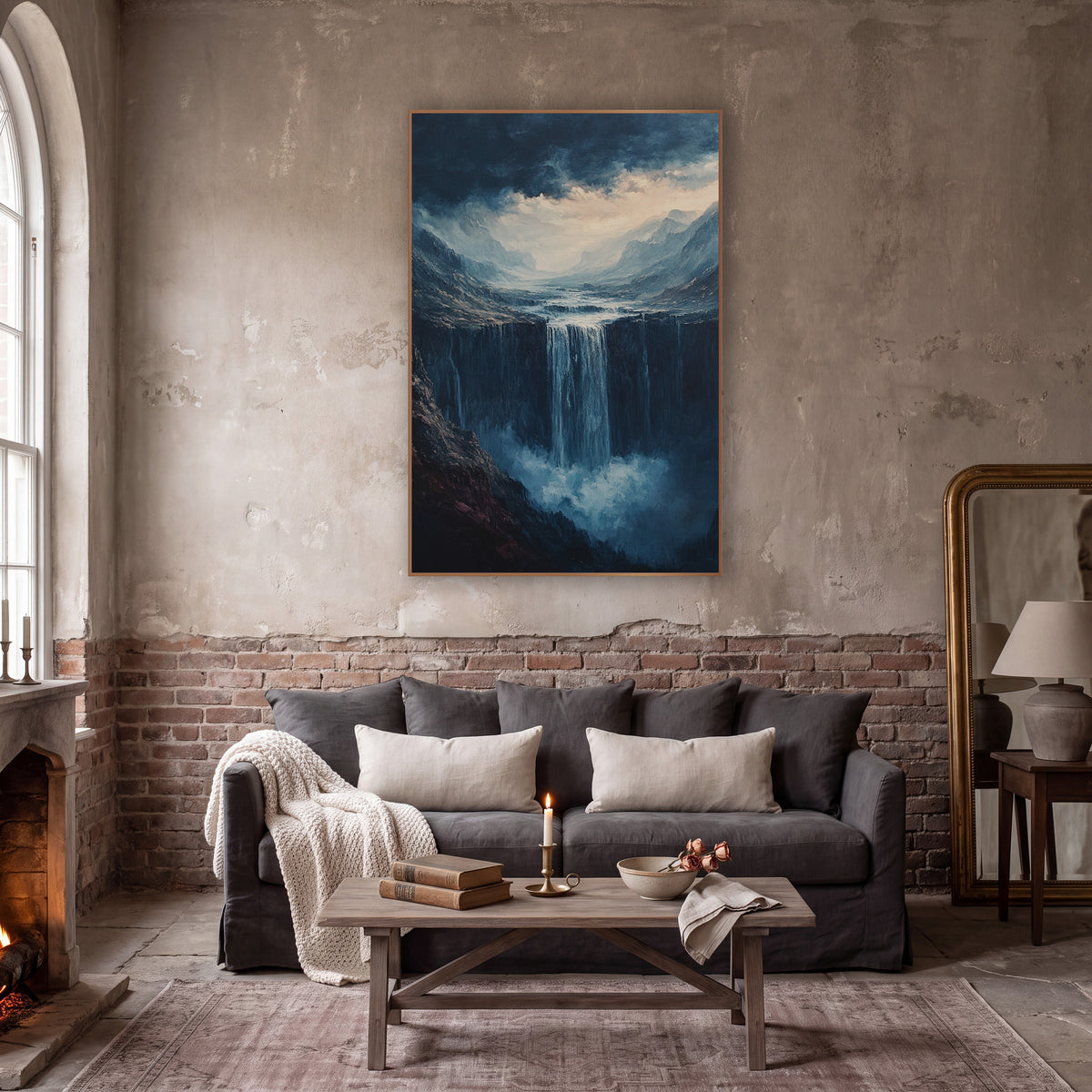 Stormlit Canyon Cascade Moody Landscape wall art in a moody dark academia room – waterfall plunging off a dark cliff