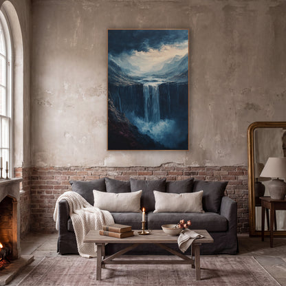 Stormlit Canyon Cascade Moody Landscape wall art in a moody dark academia room – waterfall plunging off a dark cliff