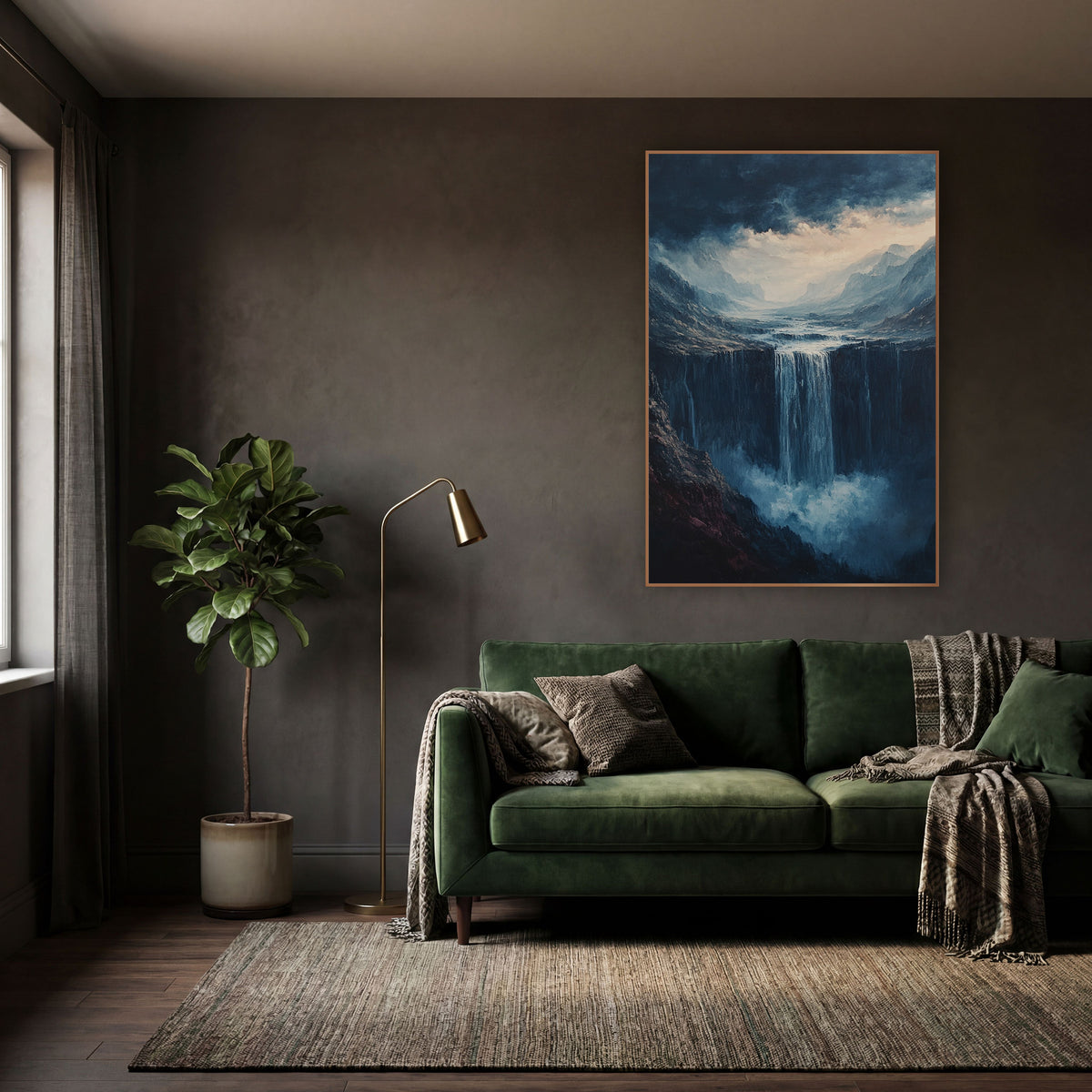 Stormlit Canyon Cascade Moody Landscape wall art in a moody dark academia room – waterfall plunging off a dark cliff