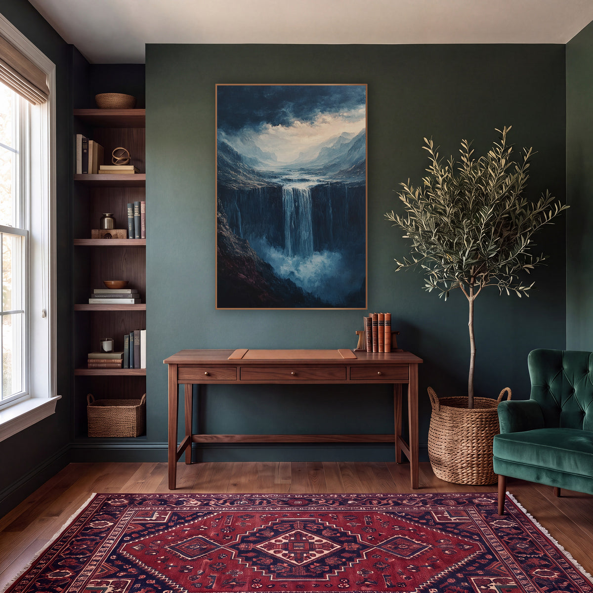 Stormlit Canyon Cascade Moody Landscape wall art in a moody dark academia room – waterfall plunging off a dark cliff