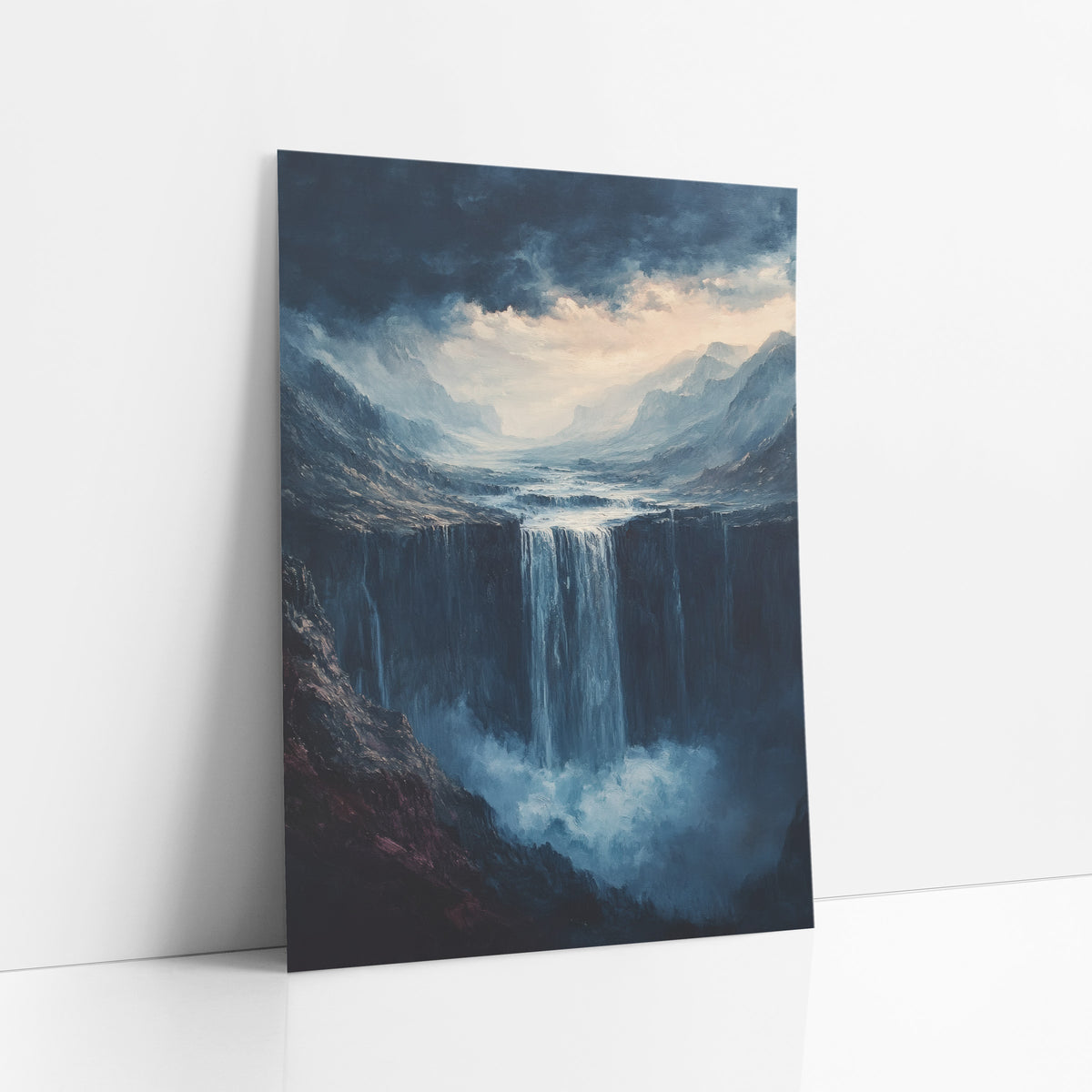 Stormlit Canyon Cascade Moody Landscape art print leaning against a white wall – waterfall plunging off a dark cliff
