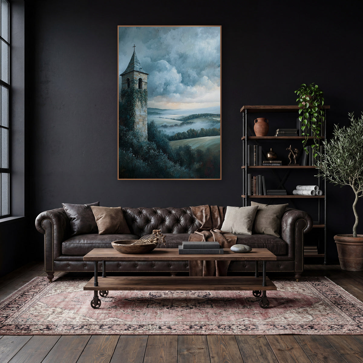 Ivy Covered Bell Tower Landscape wall art in a moody dark academia room – ivy-covered stone bell tower with slate