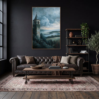 Ivy Covered Bell Tower Landscape wall art in a moody dark academia room – ivy-covered stone bell tower with slate