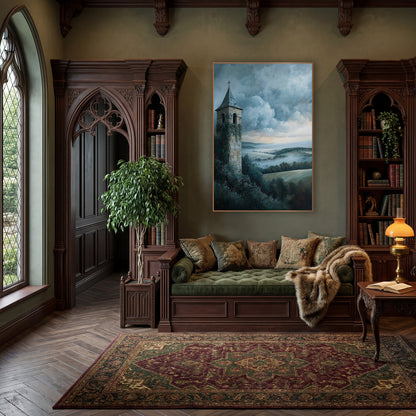 Ivy Covered Bell Tower Landscape wall art in a moody dark academia room – ivy-covered stone bell tower with slate