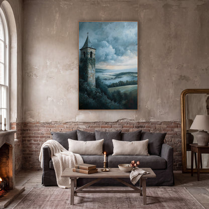 Ivy Covered Bell Tower Landscape wall art in a moody dark academia room – ivy-covered stone bell tower with slate