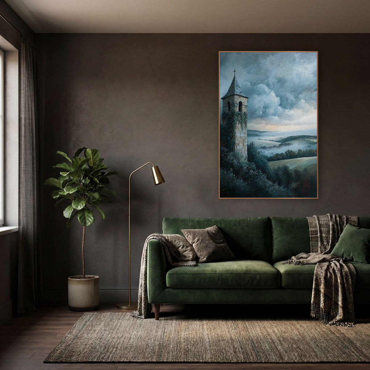 Ivy Covered Bell Tower Landscape wall art in a moody dark academia room – ivy-covered stone bell tower with slate