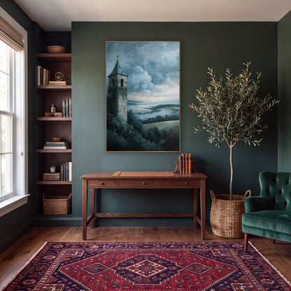 Ivy Covered Bell Tower Landscape wall art in a moody dark academia room – ivy-covered stone bell tower with slate