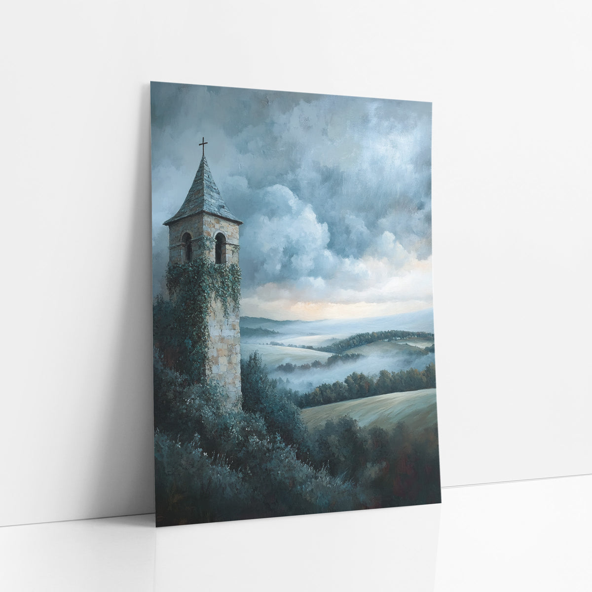 Ivy Covered Bell Tower Landscape art print leaning against a white wall – ivy-covered stone bell tower with slate spire
