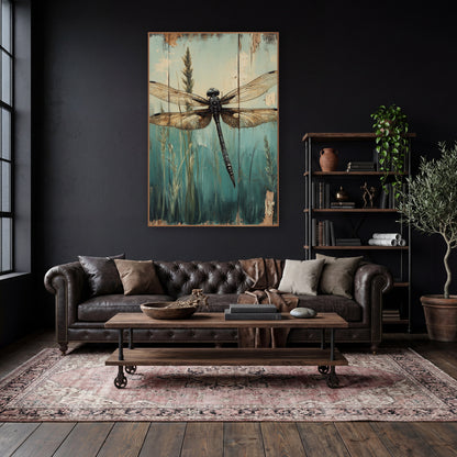 Dark Dragonfly Reeds Vintage Botanical wall art in a moody dark academia room – black dragonfly with amber veined