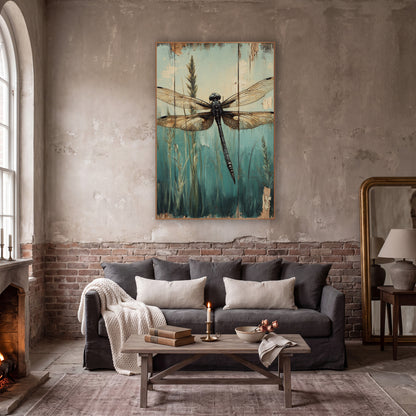 Dark Dragonfly Reeds Vintage Botanical wall art in a moody dark academia room – black dragonfly with amber veined