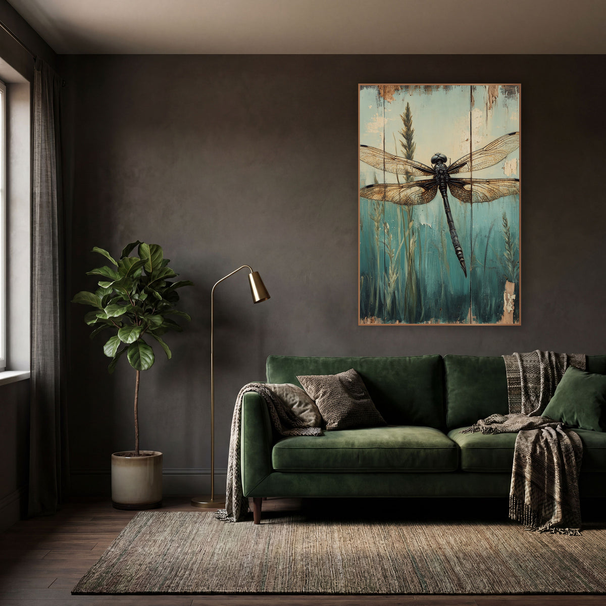 Dark Dragonfly Reeds Vintage Botanical wall art in a moody dark academia room – black dragonfly with amber veined