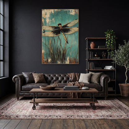 Golden Dragonfly Teal Rustic Botanical wall art in a moody dark academia room – golden dragonfly with open veined