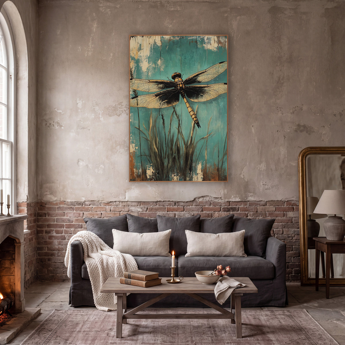 Golden Dragonfly Teal Rustic Botanical wall art in a moody dark academia room – golden dragonfly with open veined