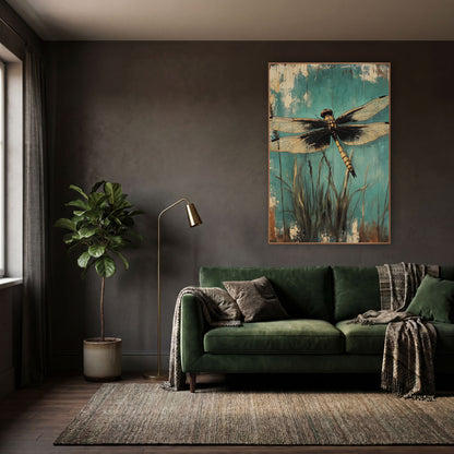 Golden Dragonfly Teal Rustic Botanical wall art in a moody dark academia room – golden dragonfly with open veined