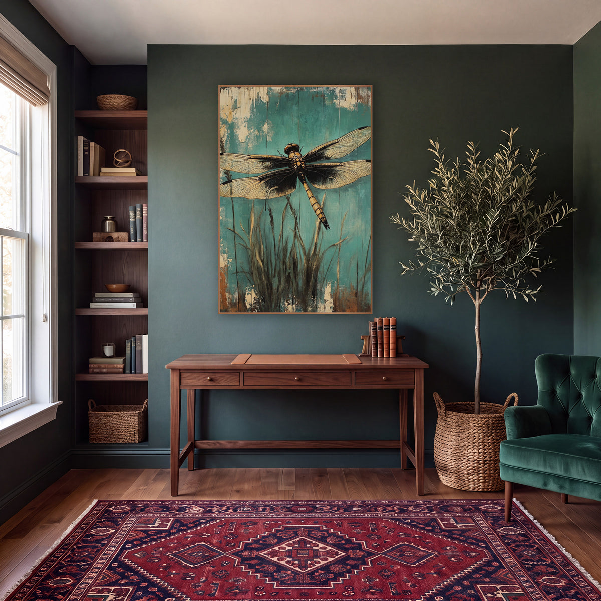 Golden Dragonfly Teal Rustic Botanical wall art in a moody dark academia room – golden dragonfly with open veined