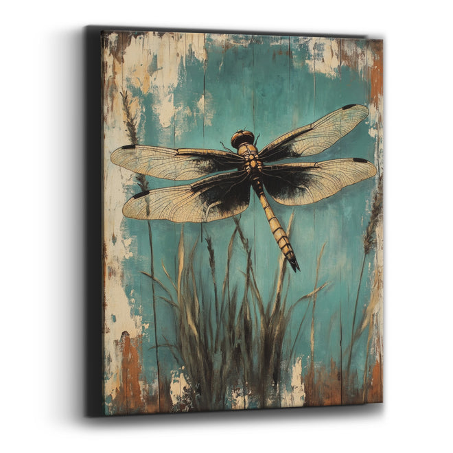 Golden Dragonfly Teal Rustic Botanical Canvas Wall Art