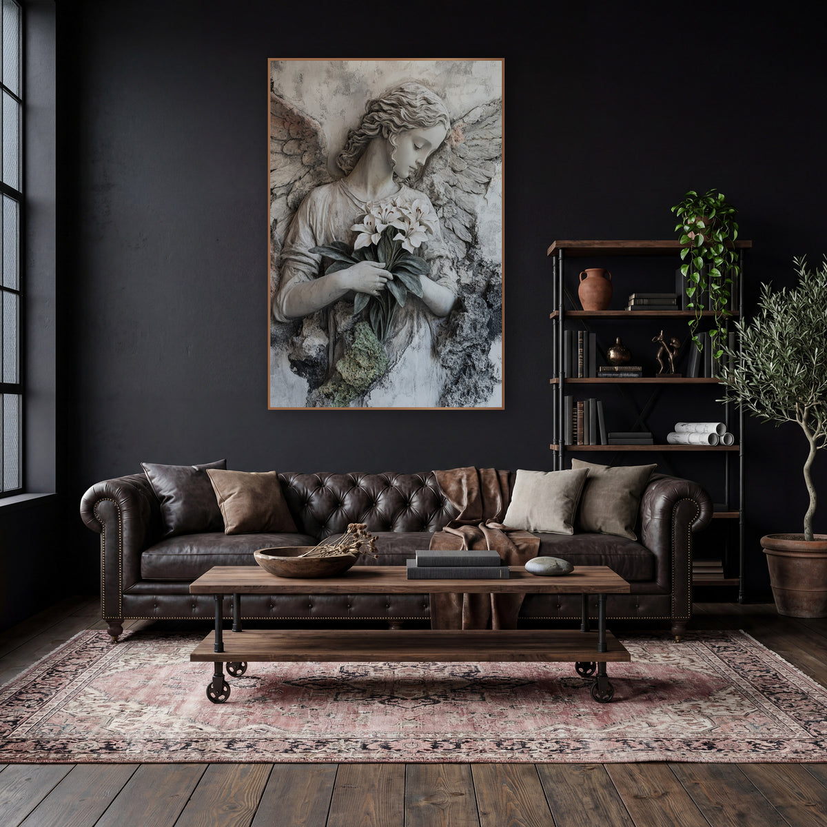 Pale Angel White Lilies Classic wall art in a moody dark academia room – angel with curled hair and spread wings