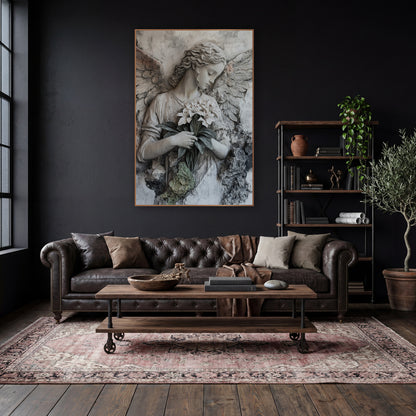 Pale Angel White Lilies Classic wall art in a moody dark academia room – angel with curled hair and spread wings
