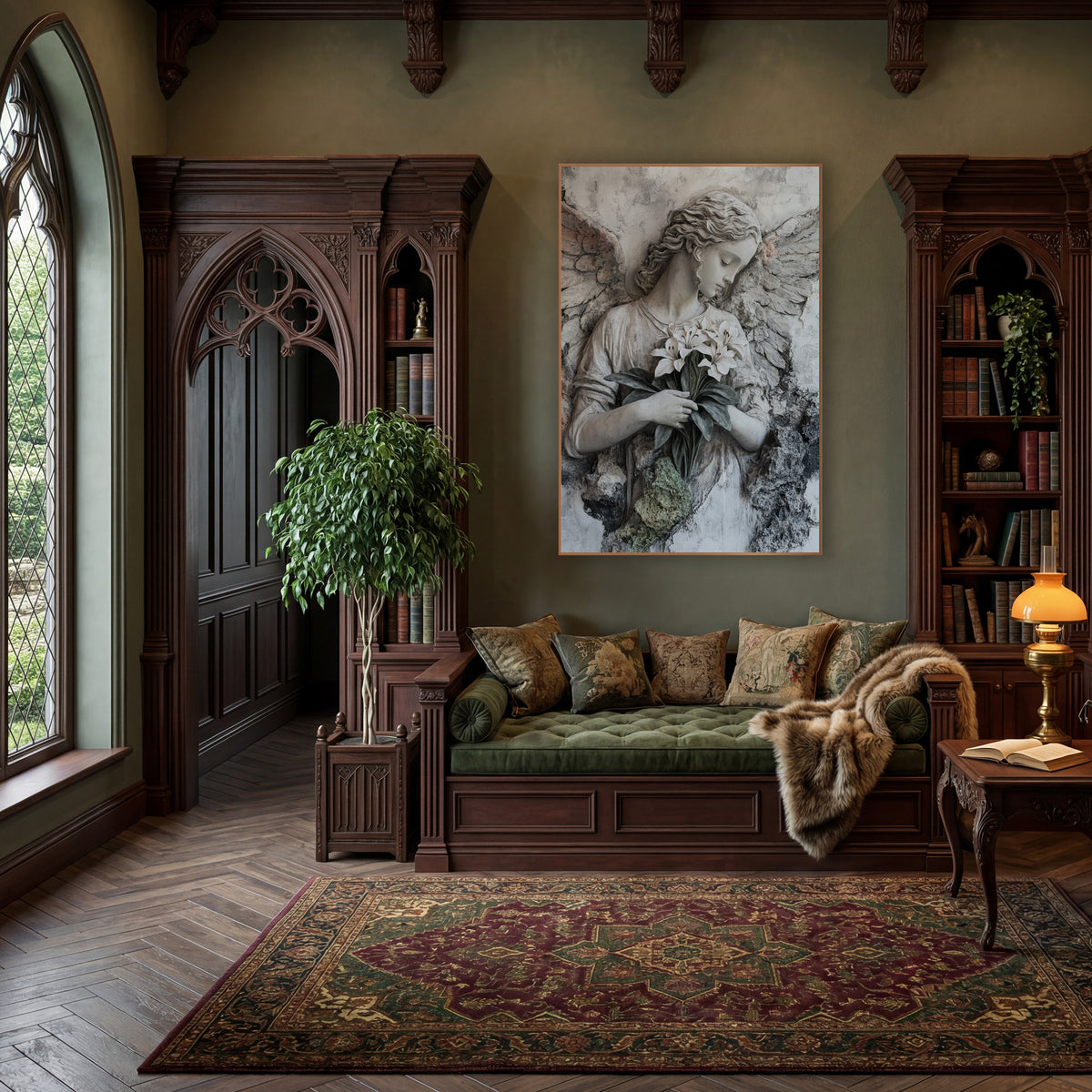 Pale Angel White Lilies Classic wall art in a moody dark academia room – angel with curled hair and spread wings