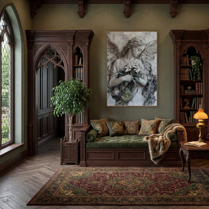 Pale Angel White Lilies Classic wall art in a moody dark academia room – angel with curled hair and spread wings