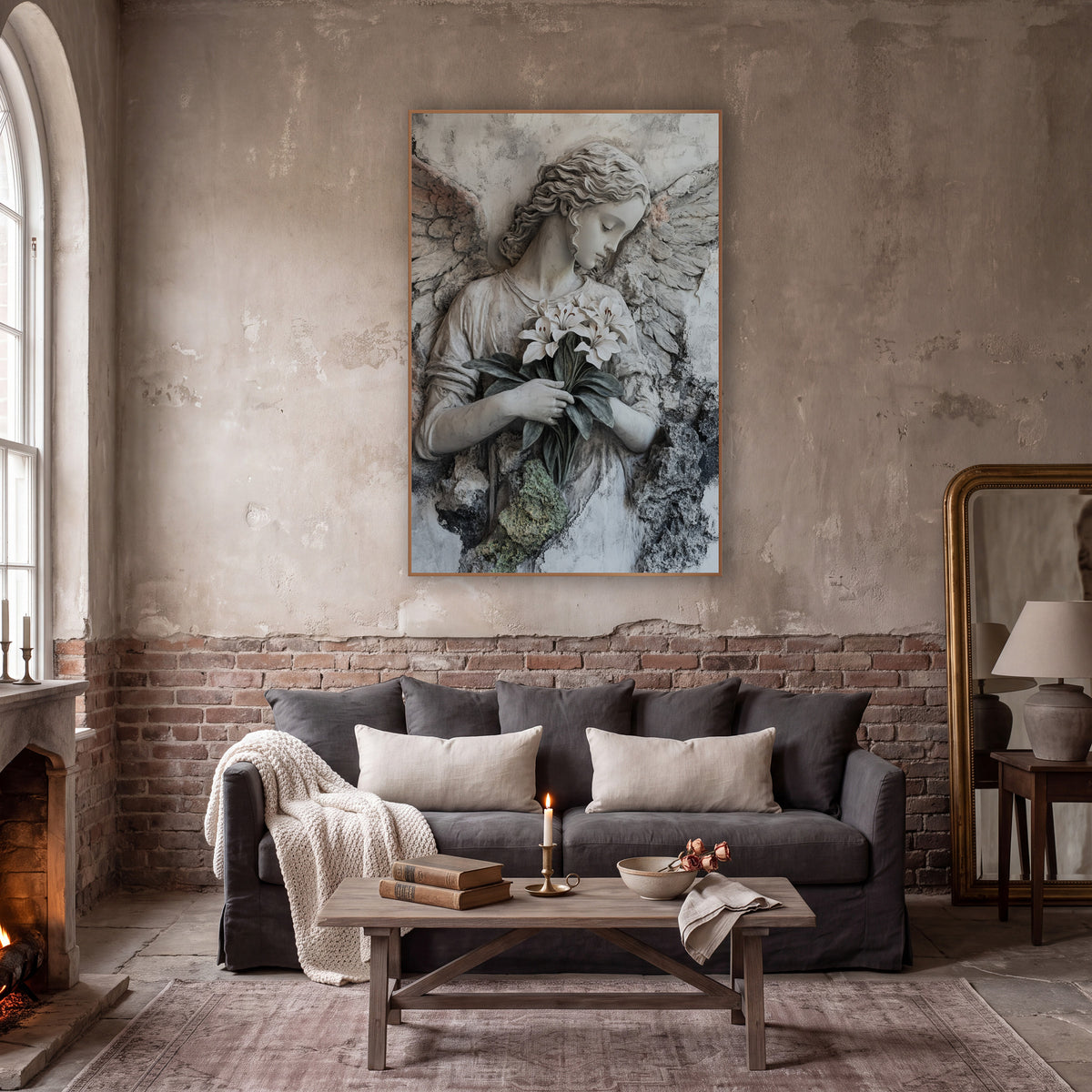 Pale Angel White Lilies Classic wall art in a moody dark academia room – angel with curled hair and spread wings