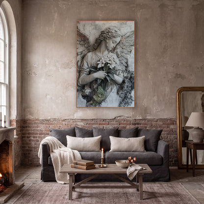 Pale Angel White Lilies Classic wall art in a moody dark academia room – angel with curled hair and spread wings