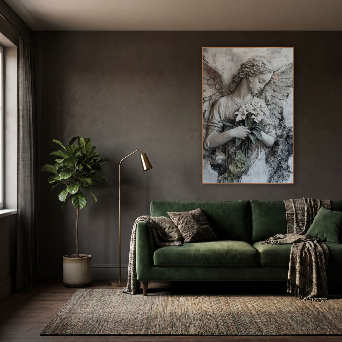 Pale Angel White Lilies Classic wall art in a moody dark academia room – angel with curled hair and spread wings