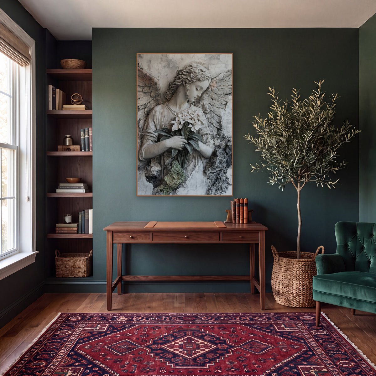 Pale Angel White Lilies Classic wall art in a moody dark academia room – angel with curled hair and spread wings
