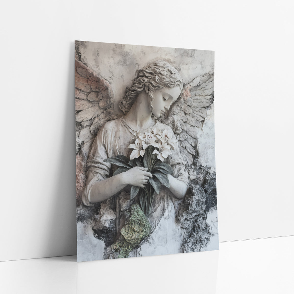 Pale Angel White Lilies Classic art print leaning against a white wall – angel with curled hair and spread wings holding