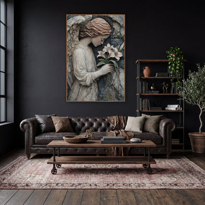 Copper Haired Angel Cliffside Moody wall art in a moody dark academia room – angel with feathered wings and wavy