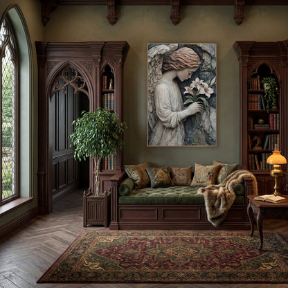 Copper Haired Angel Cliffside Moody wall art in a moody dark academia room – angel with feathered wings and wavy