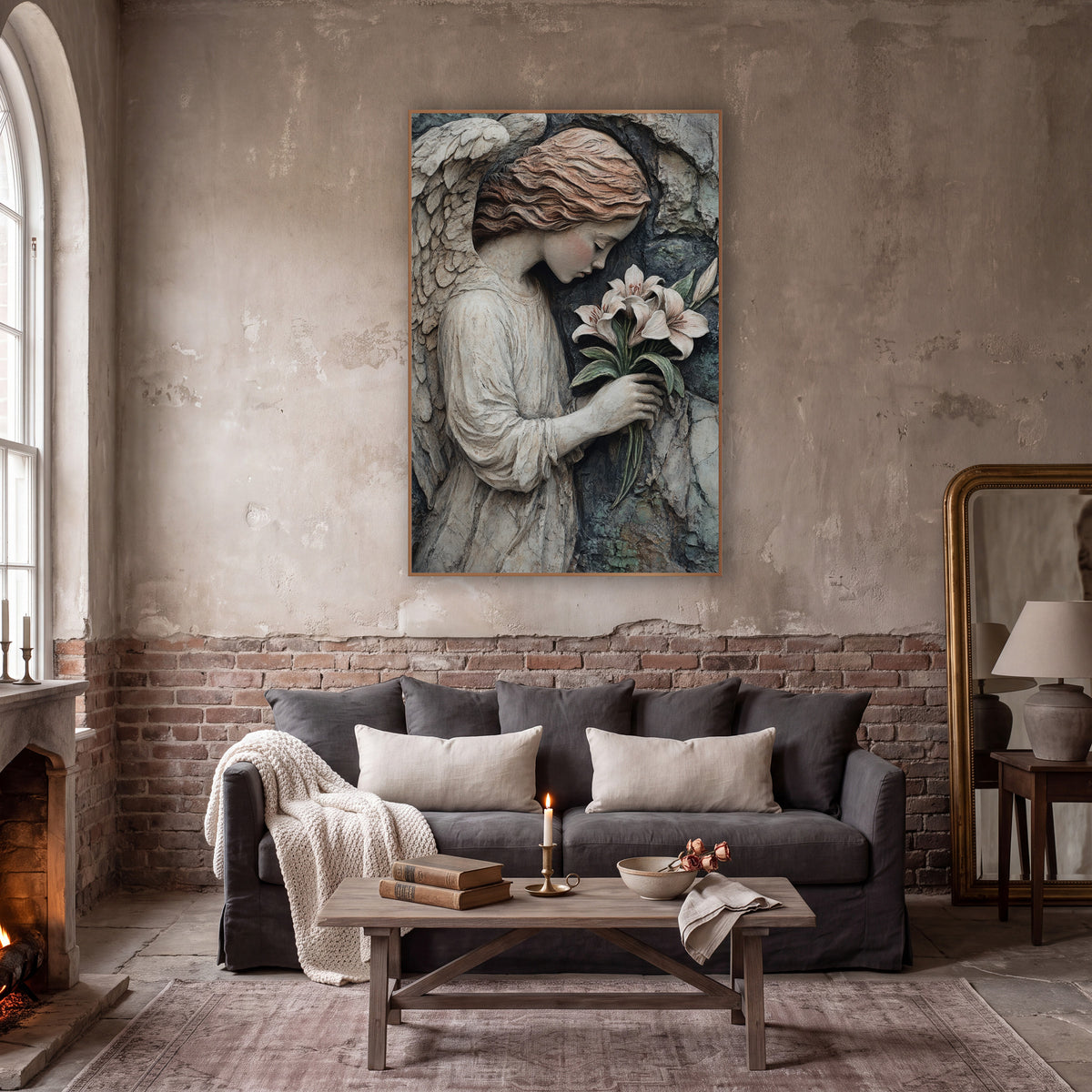 Copper Haired Angel Cliffside Moody wall art in a moody dark academia room – angel with feathered wings and wavy