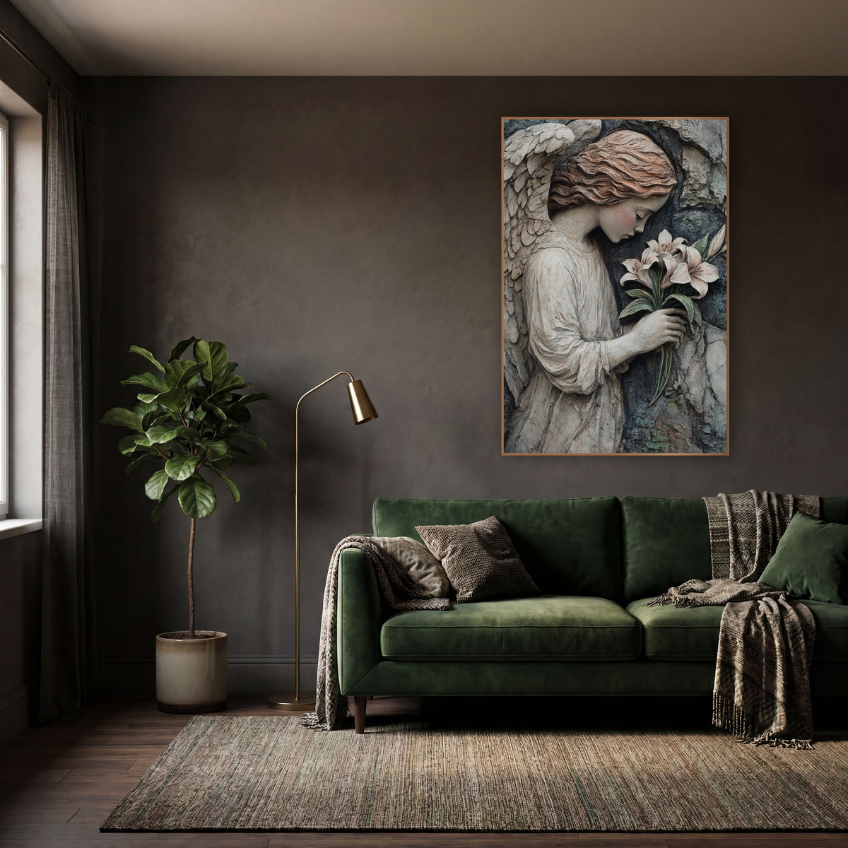 Copper Haired Angel Cliffside Moody wall art in a moody dark academia room – angel with feathered wings and wavy