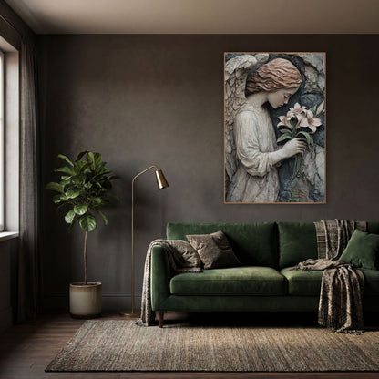 Copper Haired Angel Cliffside Moody wall art in a moody dark academia room – angel with feathered wings and wavy