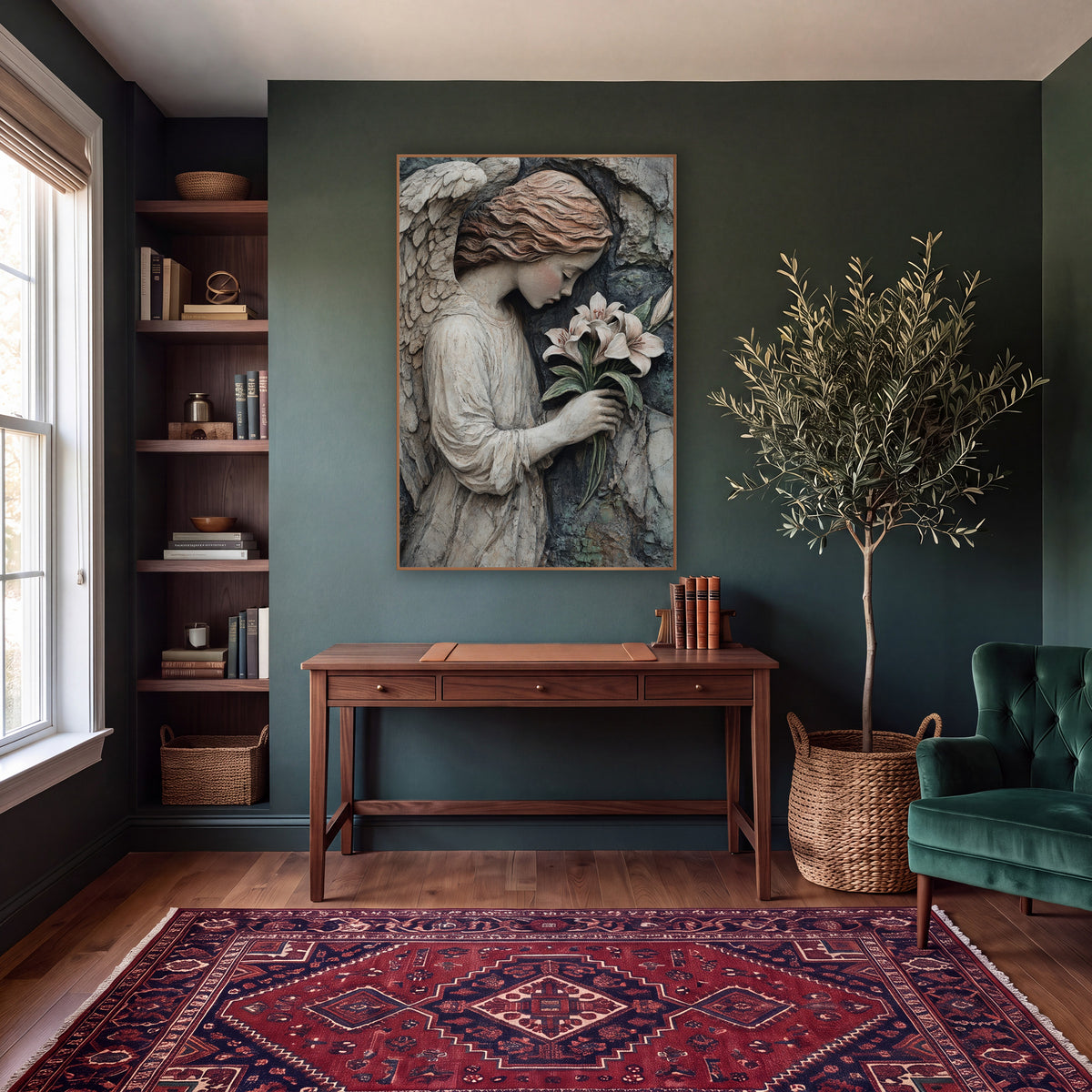 Copper Haired Angel Cliffside Moody wall art in a moody dark academia room – angel with feathered wings and wavy