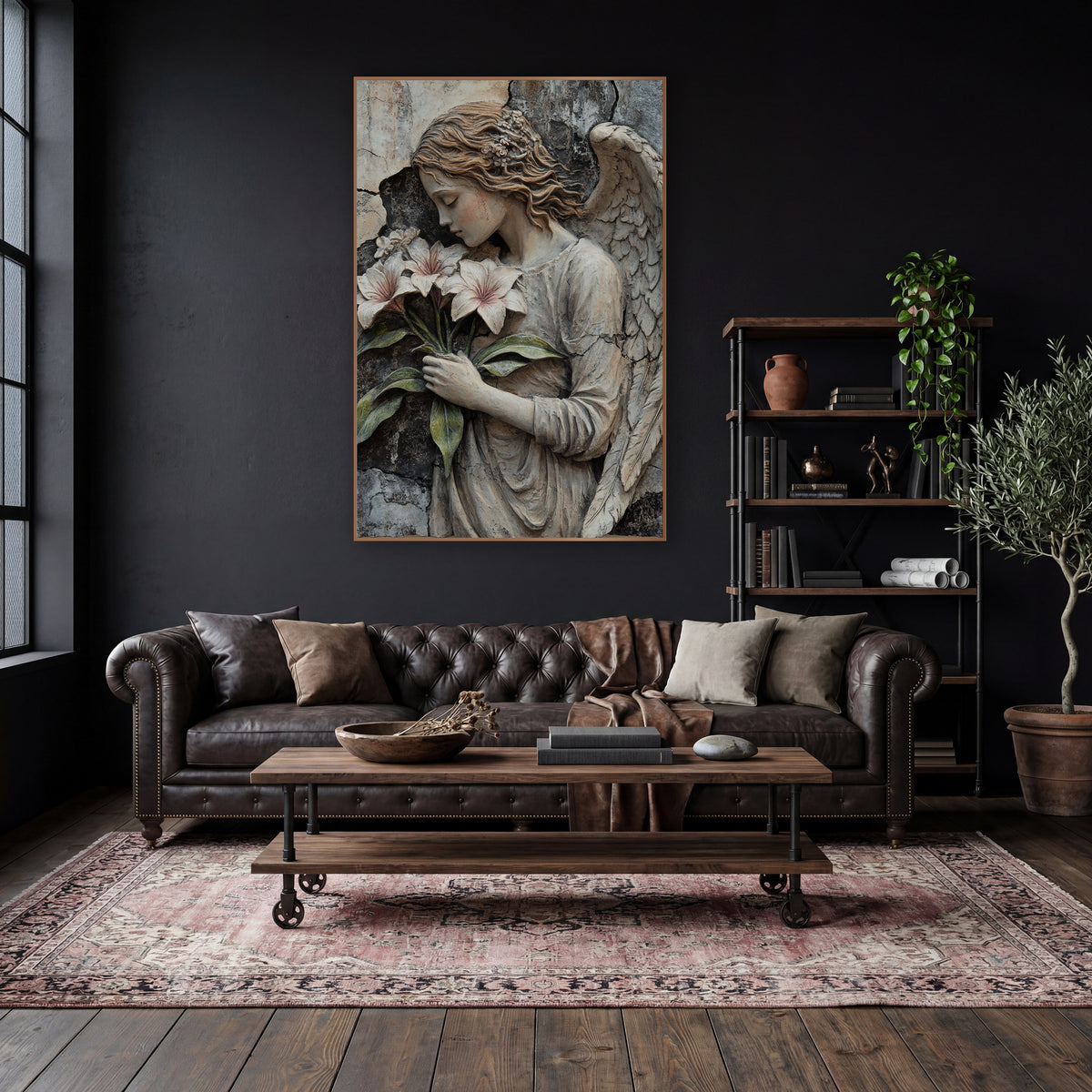 Floral Crowned Angel Gothic Rustic wall art in a moody dark academia room – angel with closed eyes and one raised wing