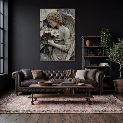Floral Crowned Angel Gothic Rustic wall art in a moody dark academia room – angel with closed eyes and one raised wing